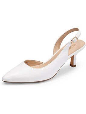 Womens White Faux Leather Kitten Slingback Low Heels Casual Dress Shoes Pumps